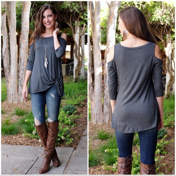 ✨LAST ONE✨Charcoal Cold Shoulder Knot Front Tunic - Picture 3 of 4